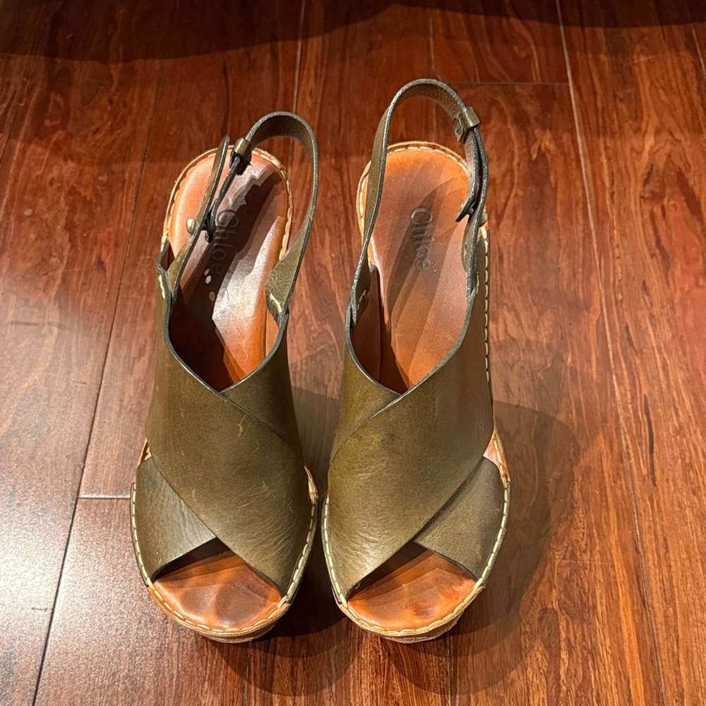 Chloe Olive Green Leather Crisscross Slingback Wedges
